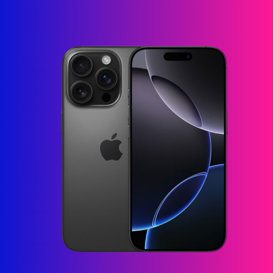 Black iPhone 15 pro max with Apple logo on a gradient background